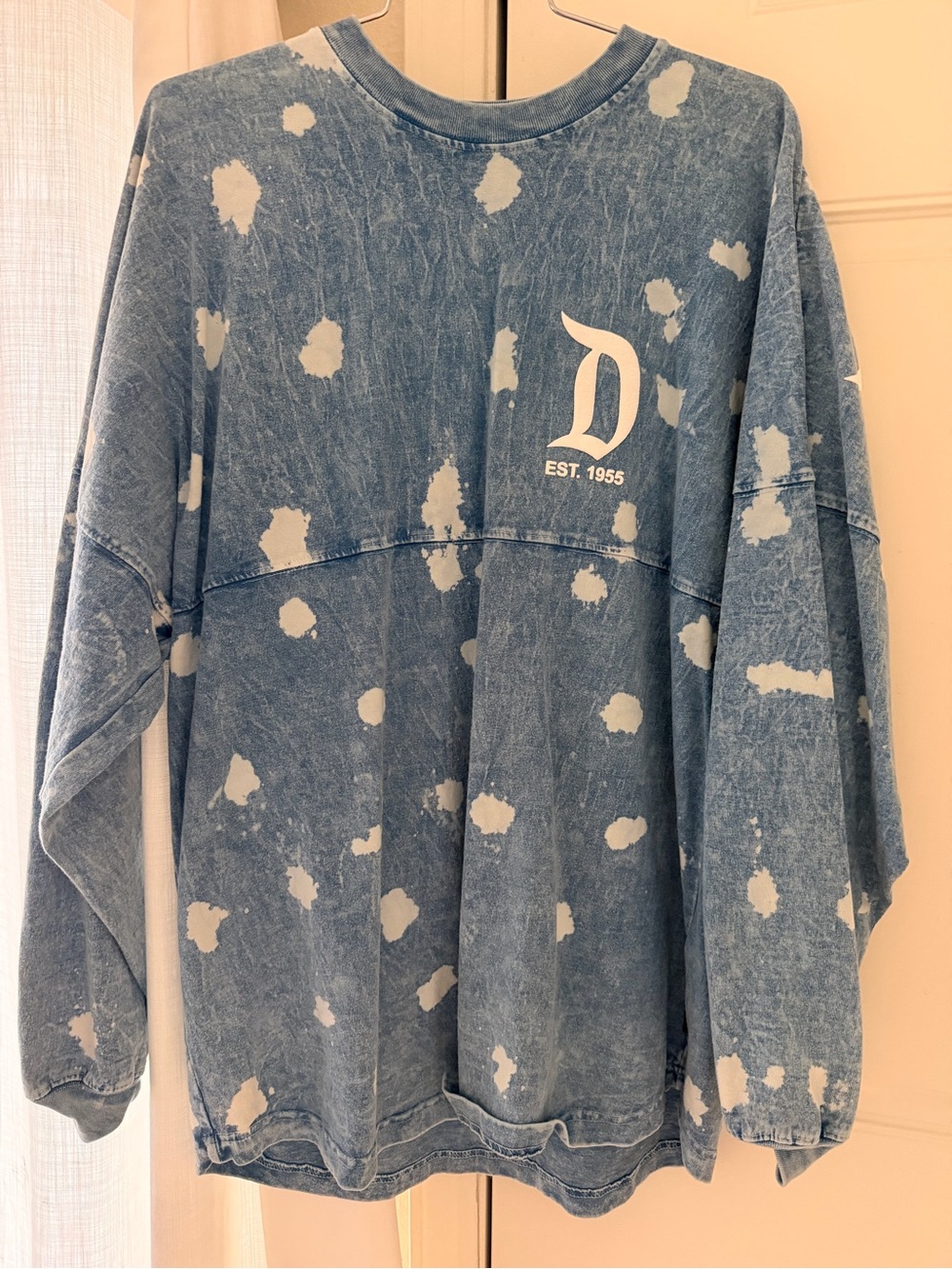 Disney Spirit Jersey: Blue Mineral-Wash Long Sleeve Tee with White Splatter